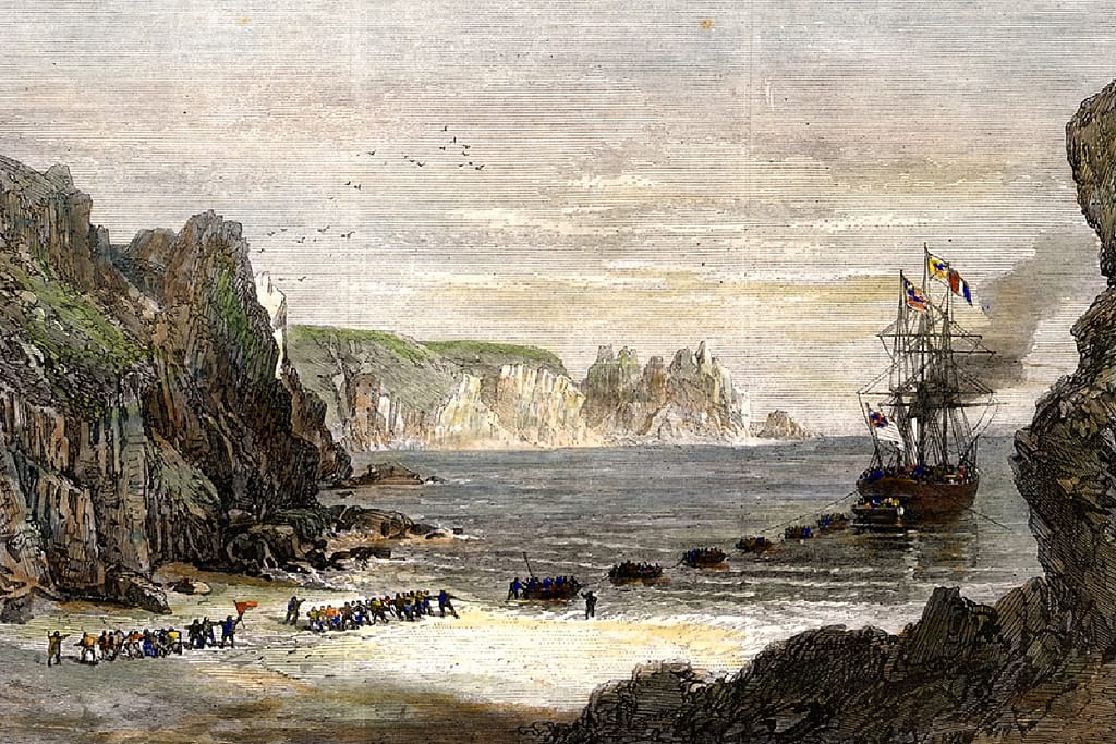 Vintage illustration of ship on the Cornish coast and transatlantic cable line being laid by workers